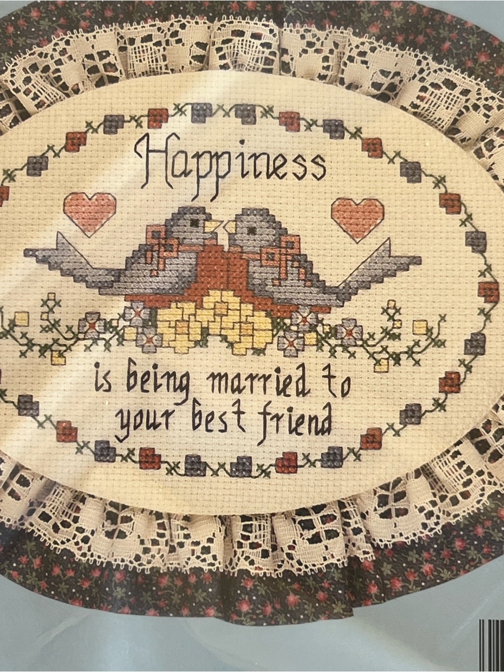 Handmade Cross-Stitch Wall Art 'Happiness' in Cream and Brown